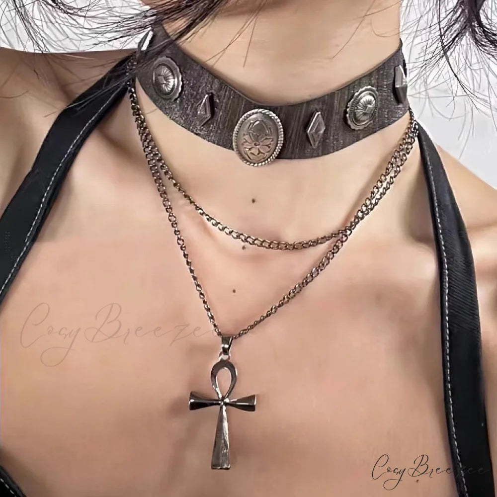 Layered Cross Brown Leather Choker Roman Rivet Punk Versatile Necklace BLACK