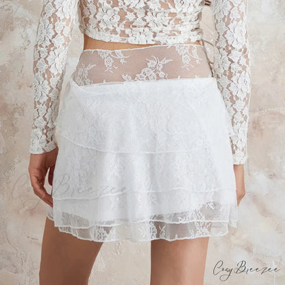Layered Floral Mesh White Skirt skirts-250223
