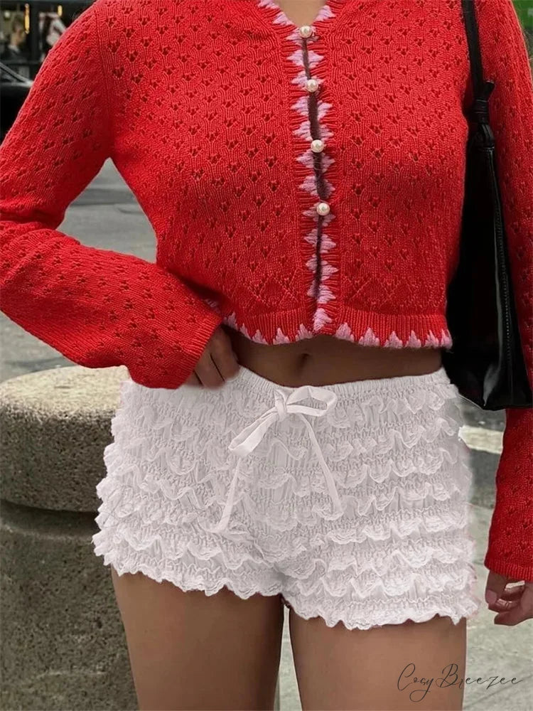 Layered Lace Bow Bloomer Shorts red / S short-250223
