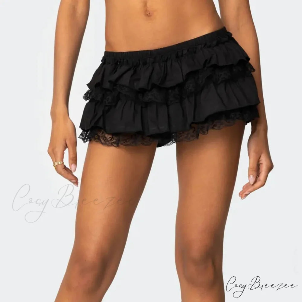 Layered Lace Trim Skort Skirt Black / S skirts-250223