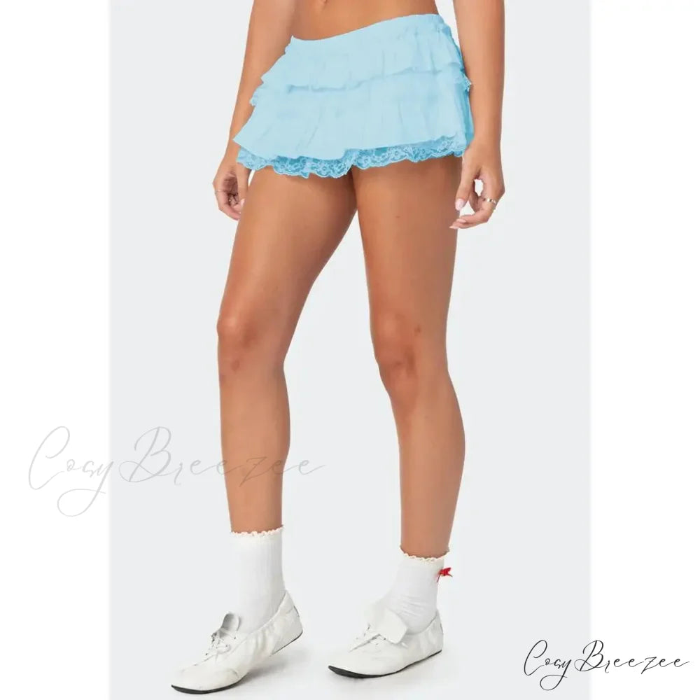 Layered Lace Trim Skort Skirt Blue / S skirts-250223