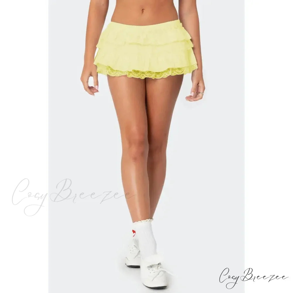 Layered Lace Trim Skort Skirt Yellow / S skirts-250223