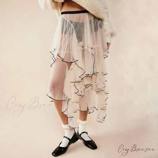 Layered Ruffled Mesh Sheer High Waist Lace Midi Skirt WHITE / S