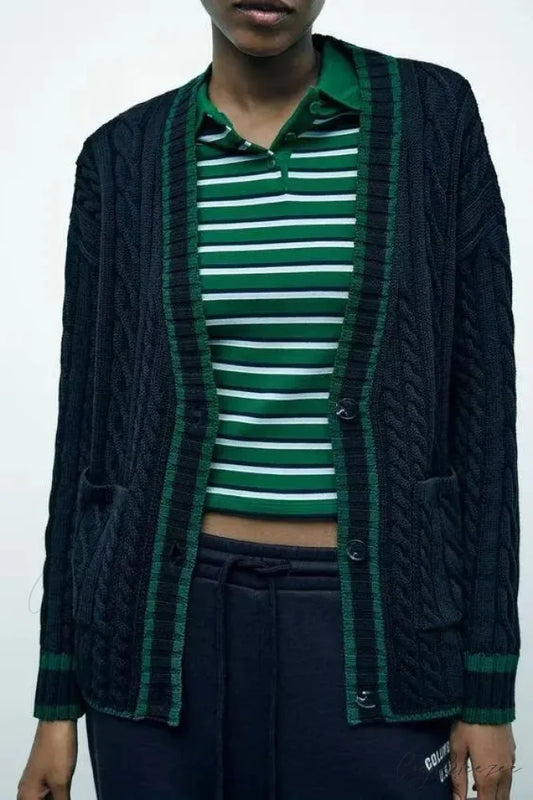 Lazy Style Contrasting V-neck Cardigan Blue / S cardigans-241228