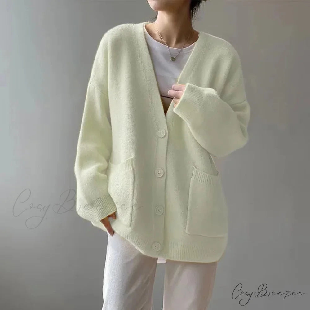 Lazy Wind Yellow Single-Breasted Knit Cardigan Beige / One Size cardiagn-250126