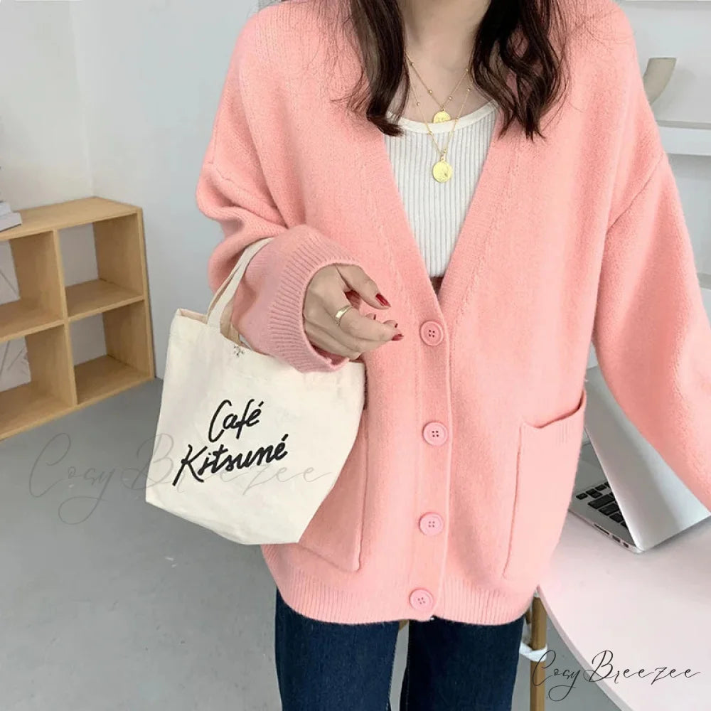 Lazy Wind Yellow Single-Breasted Knit Cardigan Pink / One Size cardiagn-250126
