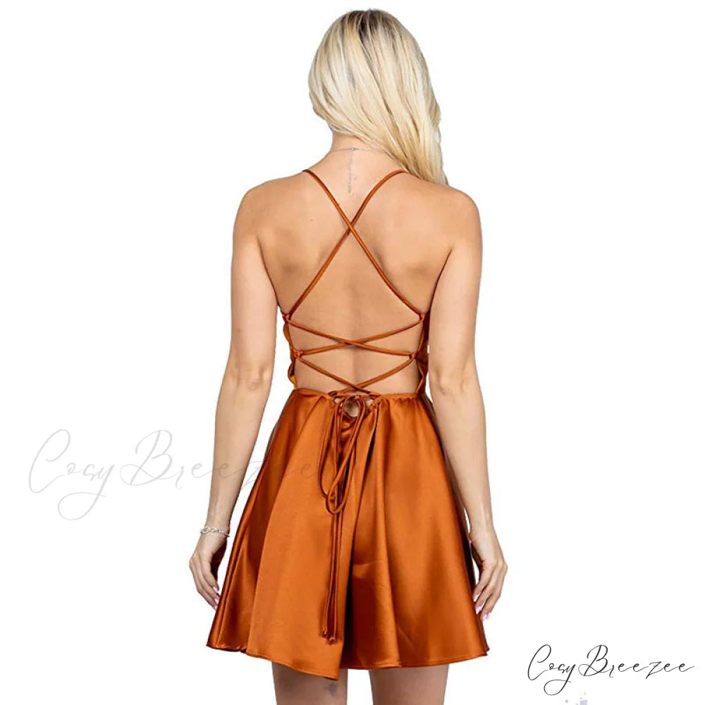 Leandra Satin Stylish Skater Dress Coral color / S