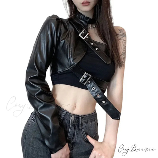 Leather Goth Punk Emo Stylish Elegant Classic Trendy Unique Crop Top