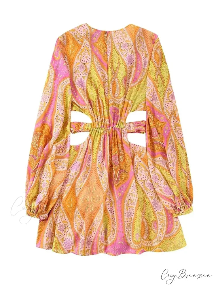 legant Print Hollow Out Pleated Mini Boho Dress