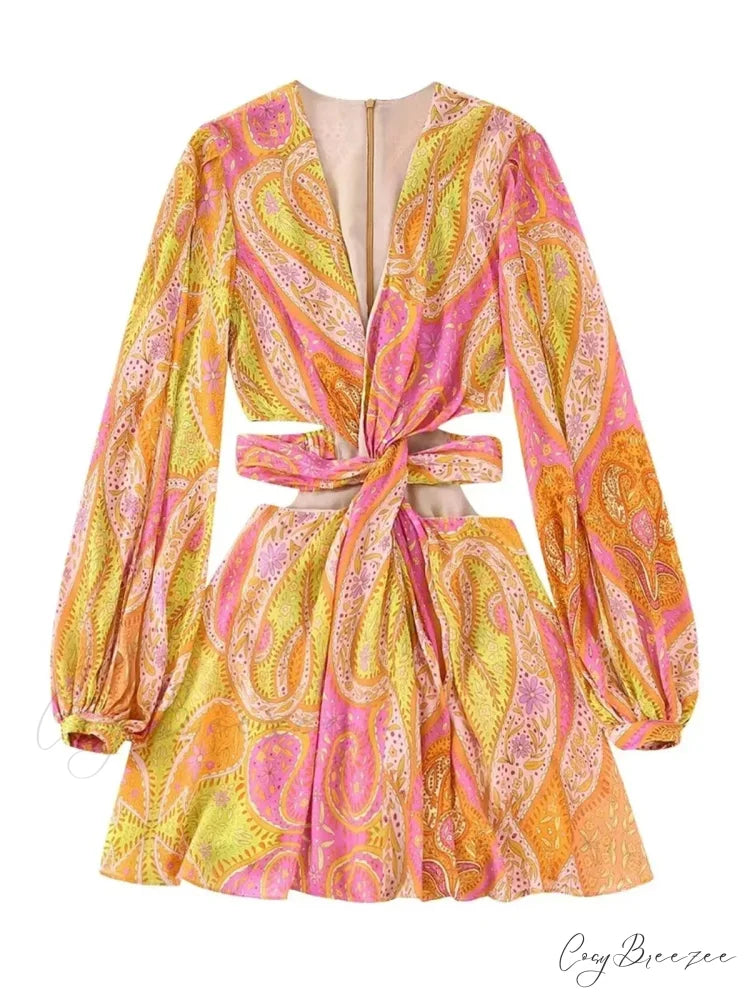 legant Print Hollow Out Pleated Mini Boho Dress Orange / XS