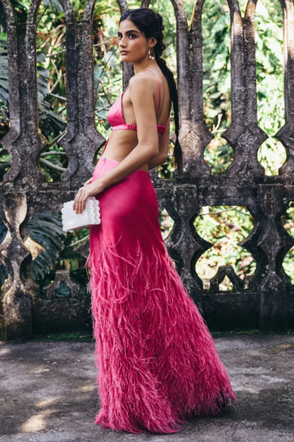 Lena Satin Cutout Trendy Ostrich Feather Maxi Dress