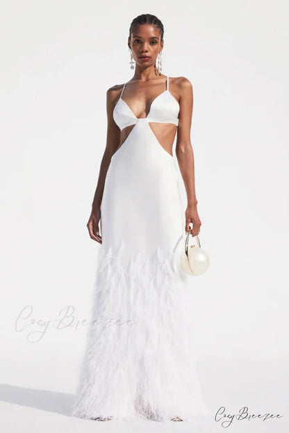 Lena Satin Cutout Trendy Ostrich Feather Maxi Dress
