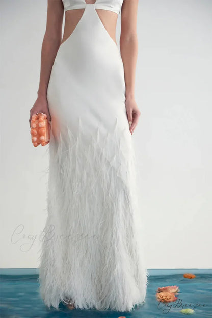 Lena Satin Cutout Trendy Ostrich Feather Maxi Dress