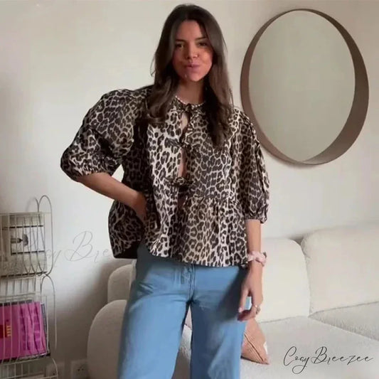 Leopard Bow Lace-Up Puff Sleeve Blouse leopard / S blouse-250223