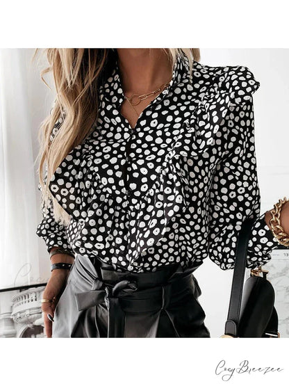 Leopard Dotted Frilled V-neck Chic Blouse blouse-250126