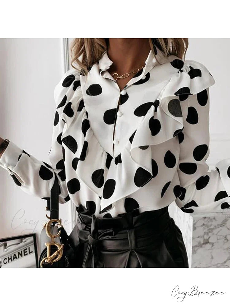 Leopard Dotted Frilled V-neck Chic Blouse blouse-250126