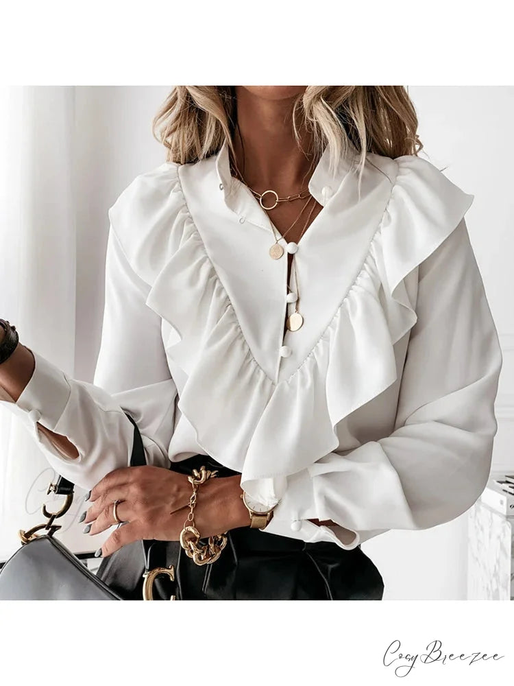 Leopard Dotted Frilled V-neck Chic Blouse blouse-250126