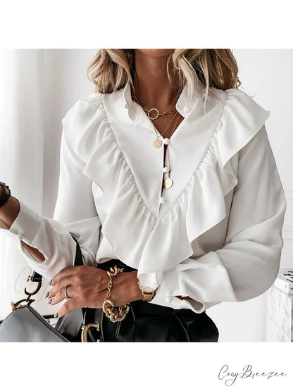 Leopard Dotted Frilled V-neck Chic Blouse blouse-250126