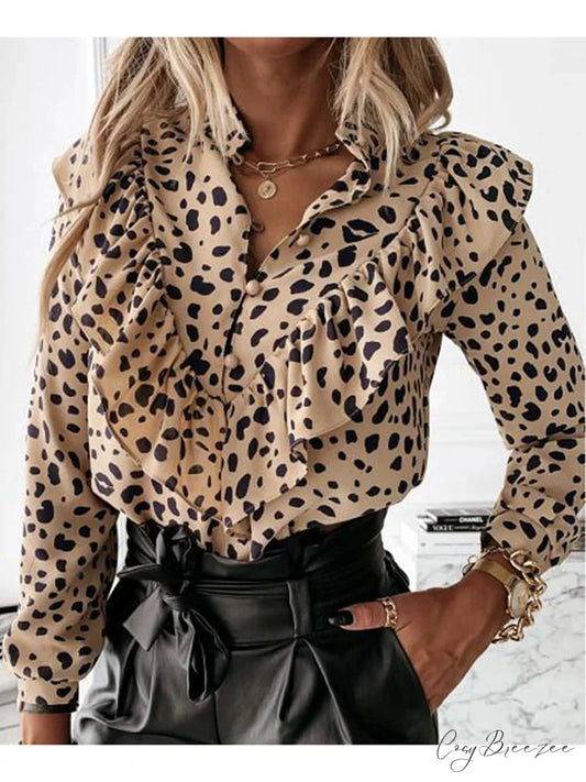 Leopard Dotted Frilled V-neck Chic Blouse blouse-250126
