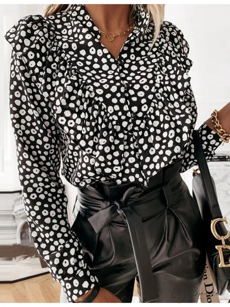 Leopard Dotted Frilled V-neck Chic Blouse Black / S blouse-250126