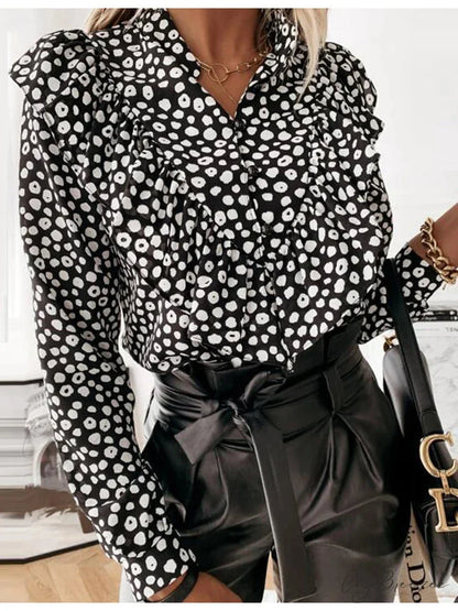 Leopard Dotted Frilled V-neck Chic Blouse Black / S blouse-250126