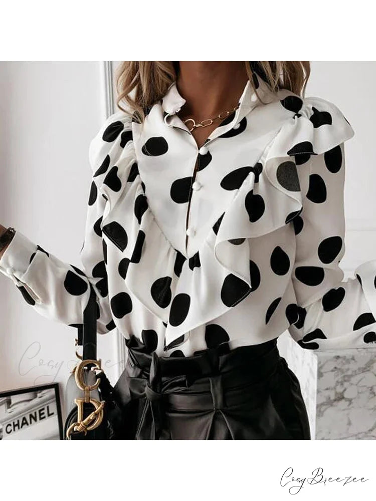 Leopard Dotted Frilled V-neck Chic Blouse -Dot White / S blouse-250126