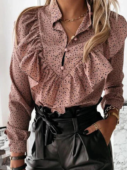 Leopard Dotted Frilled V-neck Chic Blouse Pink / S blouse-250126
