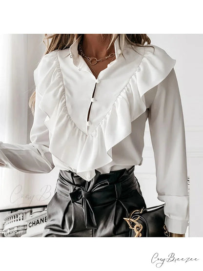 Leopard Dotted Frilled V-neck Chic Blouse WHITE / S blouse-250126
