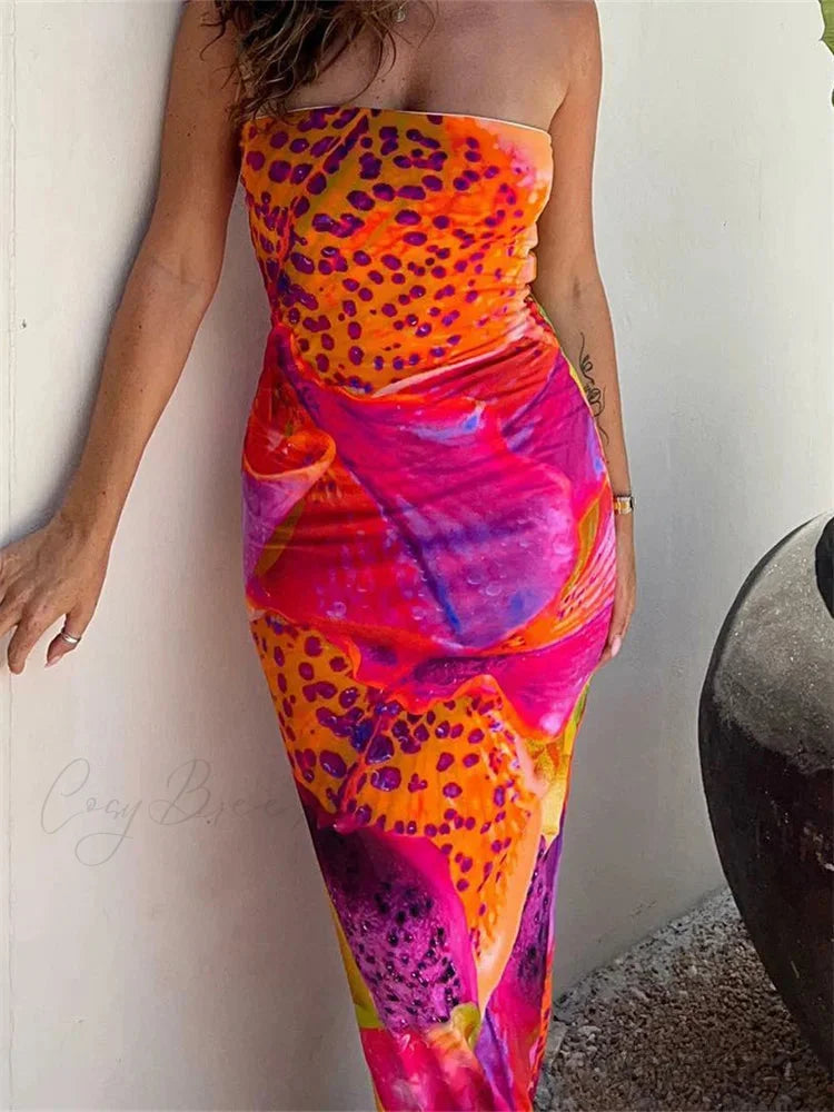 Leopard Floral Print Tube for Women Summer Party Beach Strapless Off Shoulder Slim Vestidos New