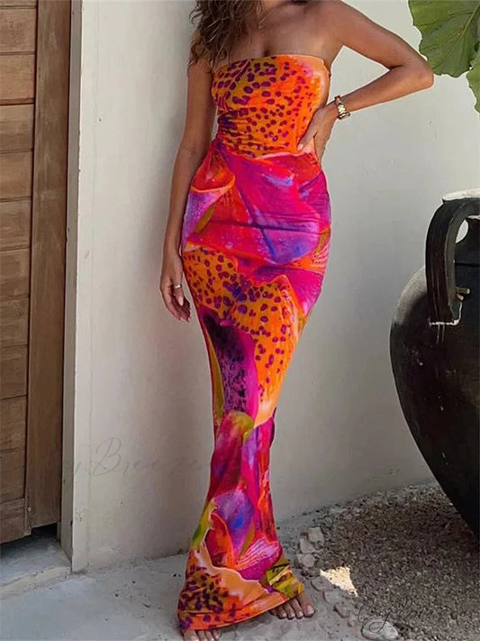 Leopard Floral Print Tube for Women Summer Party Beach Strapless Off Shoulder Slim Vestidos New RED / S