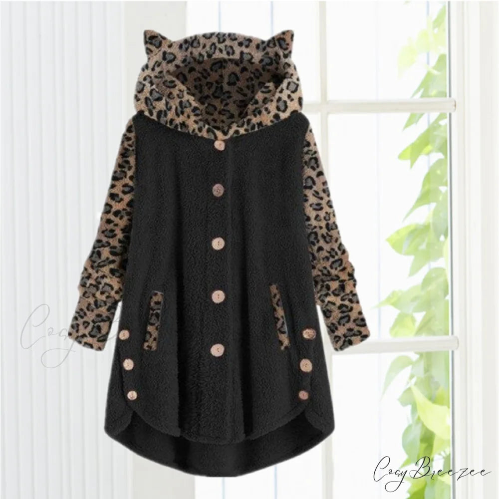 Leopard Patchwork Cat Ears Coat Black / S