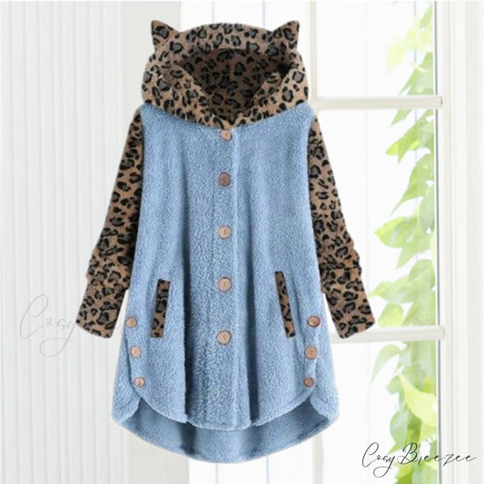 Leopard Patchwork Cat Ears Coat Blue / S