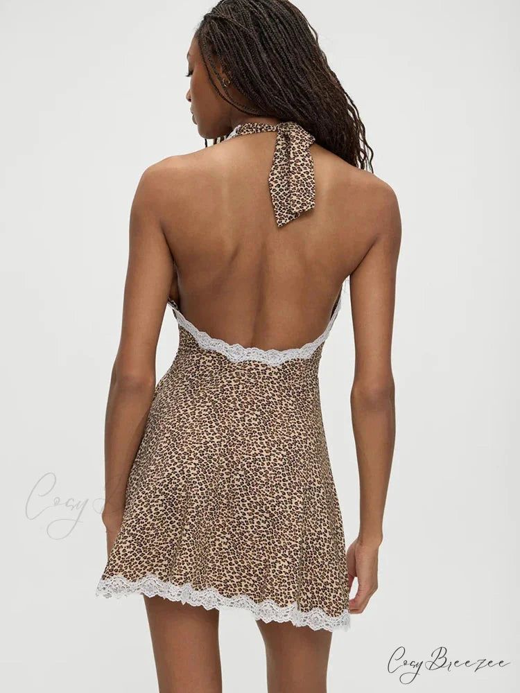 Leopard Patchwork Halter Mini Dress minidress-250223