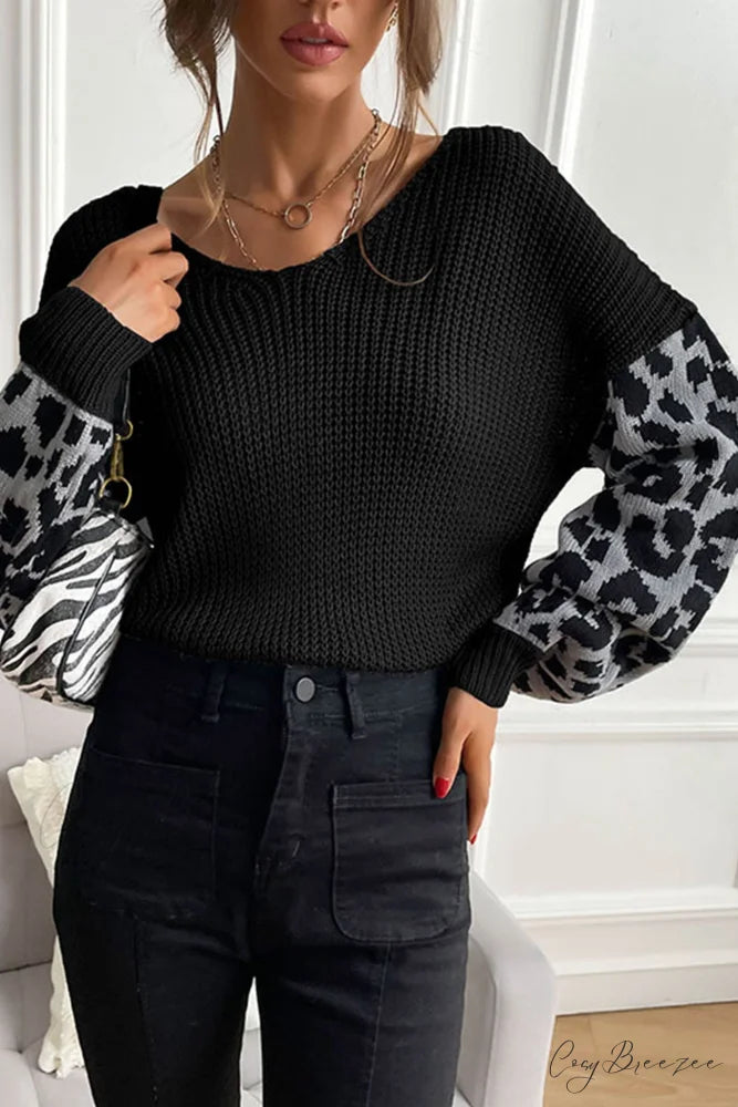 Leopard Patchwork Pullover Sweater Black / S