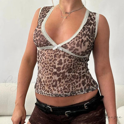 Leopard Pattern Coquette Lace Trim V Neck Backless Fashion Chic Sleeveless Crop Top croptop-250126