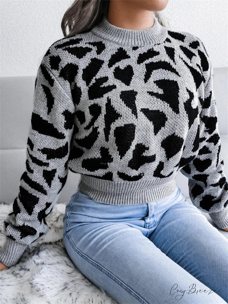 Leopard Pattern Waist Collection Round Neck Sweater Gray / S swraters-241228