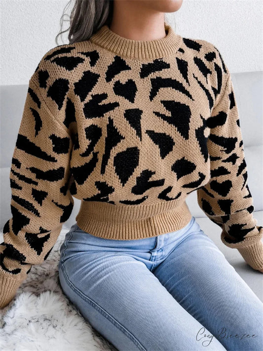 Leopard Pattern Waist Collection Round Neck Sweater Khaki / S swraters-241228