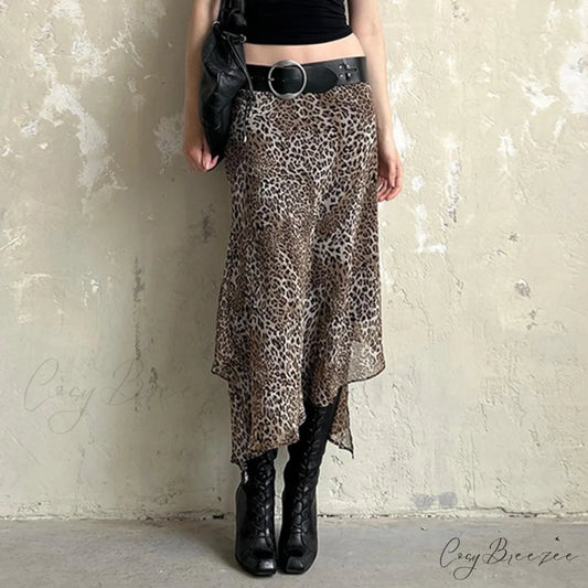 Leopard Print Irregular Hem Skirt black / S skirts-250223