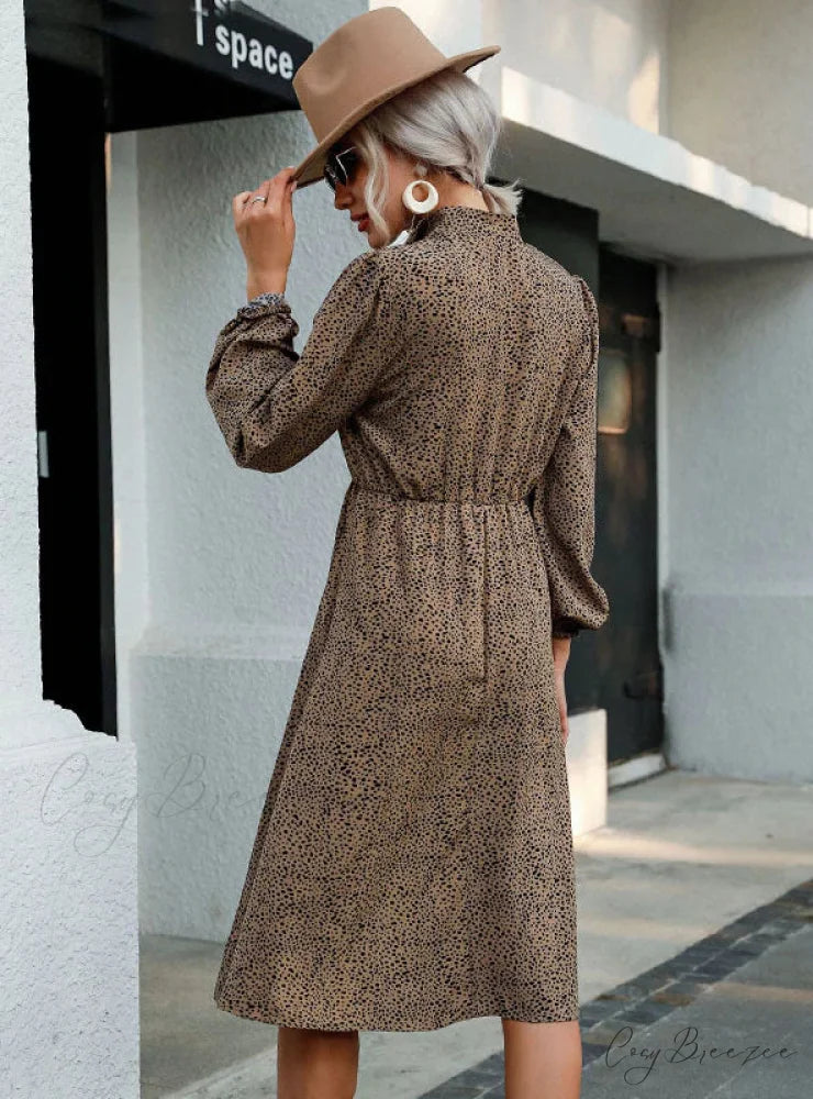 LEOPARD PRINT LONG SLEEVE BUTTON LAPEL DRESS