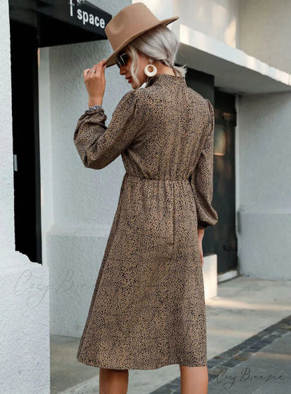 LEOPARD PRINT LONG SLEEVE BUTTON LAPEL DRESS