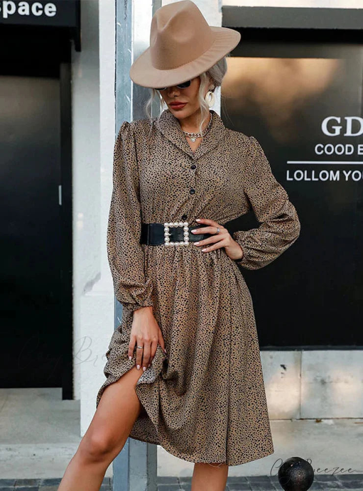 LEOPARD PRINT LONG SLEEVE BUTTON LAPEL DRESS