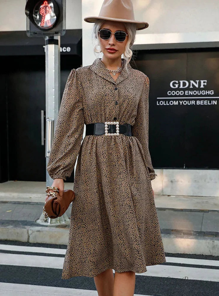 LEOPARD PRINT LONG SLEEVE BUTTON LAPEL DRESS