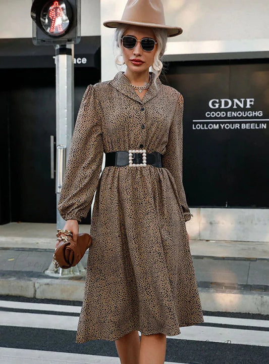 LEOPARD PRINT LONG SLEEVE BUTTON LAPEL DRESS