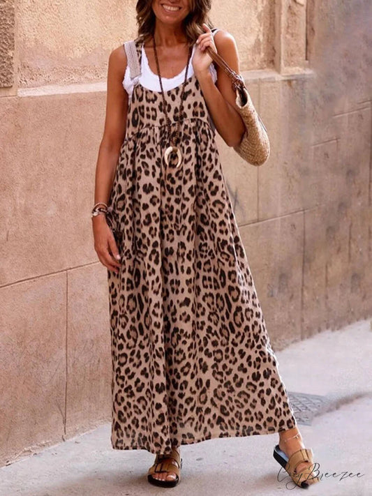 Leopard Print Patchwork Charming Suspender Maxi Dress Multicolor / S