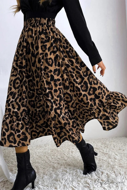 Leopard Print Pleated High Waist Skirt Brown / M