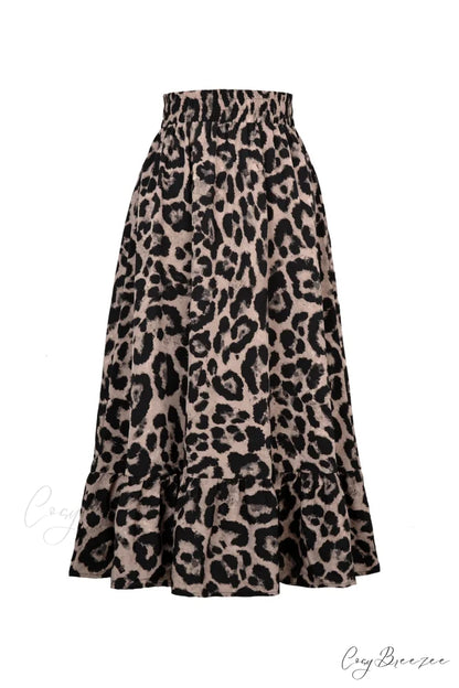 Leopard Print Pleated High Waist Skirt Grey / S