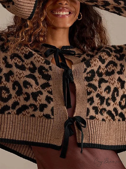 Leopard Print Ribbed Tie Front Knit Cardigan cardigans-241228