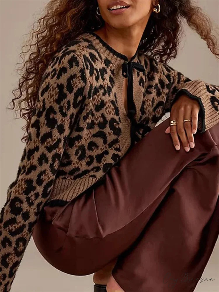 Leopard Print Ribbed Tie Front Knit Cardigan cardigans-241228