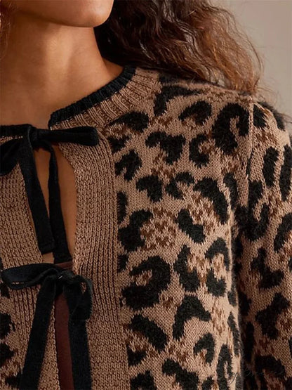 Leopard Print Ribbed Tie Front Knit Cardigan cardigans-241228