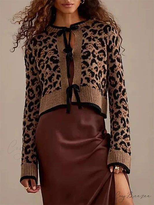 Leopard Print Ribbed Tie Front Knit Cardigan light brown / S cardigans-241228